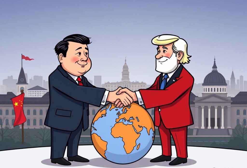 Cartoon illustration of China-U.S. trade negotiations, symbolizing diplomacy and economic dialogue.