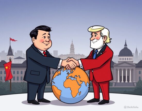 Cartoon illustration of China-U.S. trade negotiations, symbolizing diplomacy and economic dialogue.