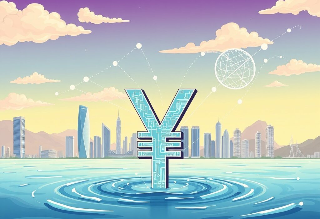 A cartoon illustration showing a digital yuan symbol rising from the sea with Hong Kong's skyline, representing China's yuan stablecoin offshore strategy.