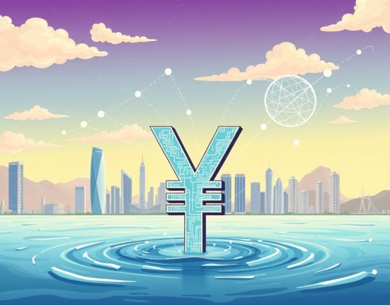 A cartoon illustration showing a digital yuan symbol rising from the sea with Hong Kong's skyline, representing China's yuan stablecoin offshore strategy.