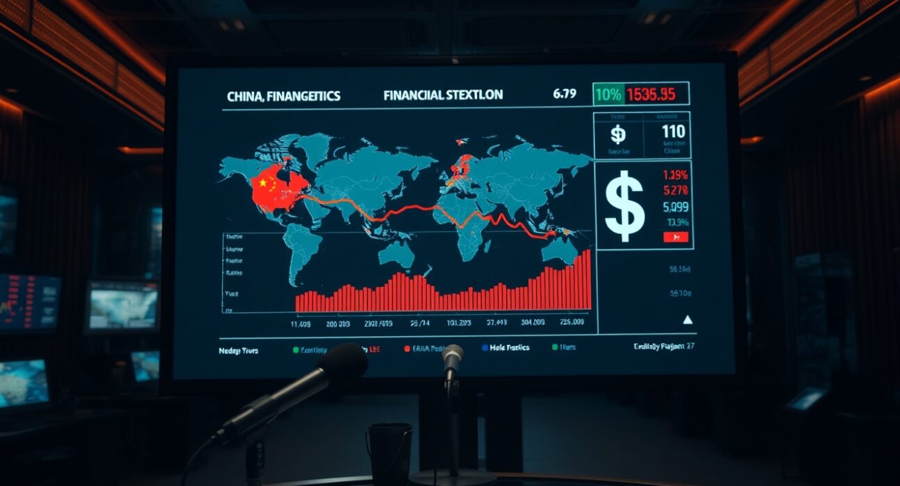 Newsroom screen showing financial charts with Chinese yuan and US dollar symbols