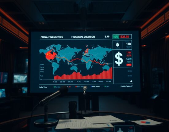 Newsroom screen showing financial charts with Chinese yuan and US dollar symbols