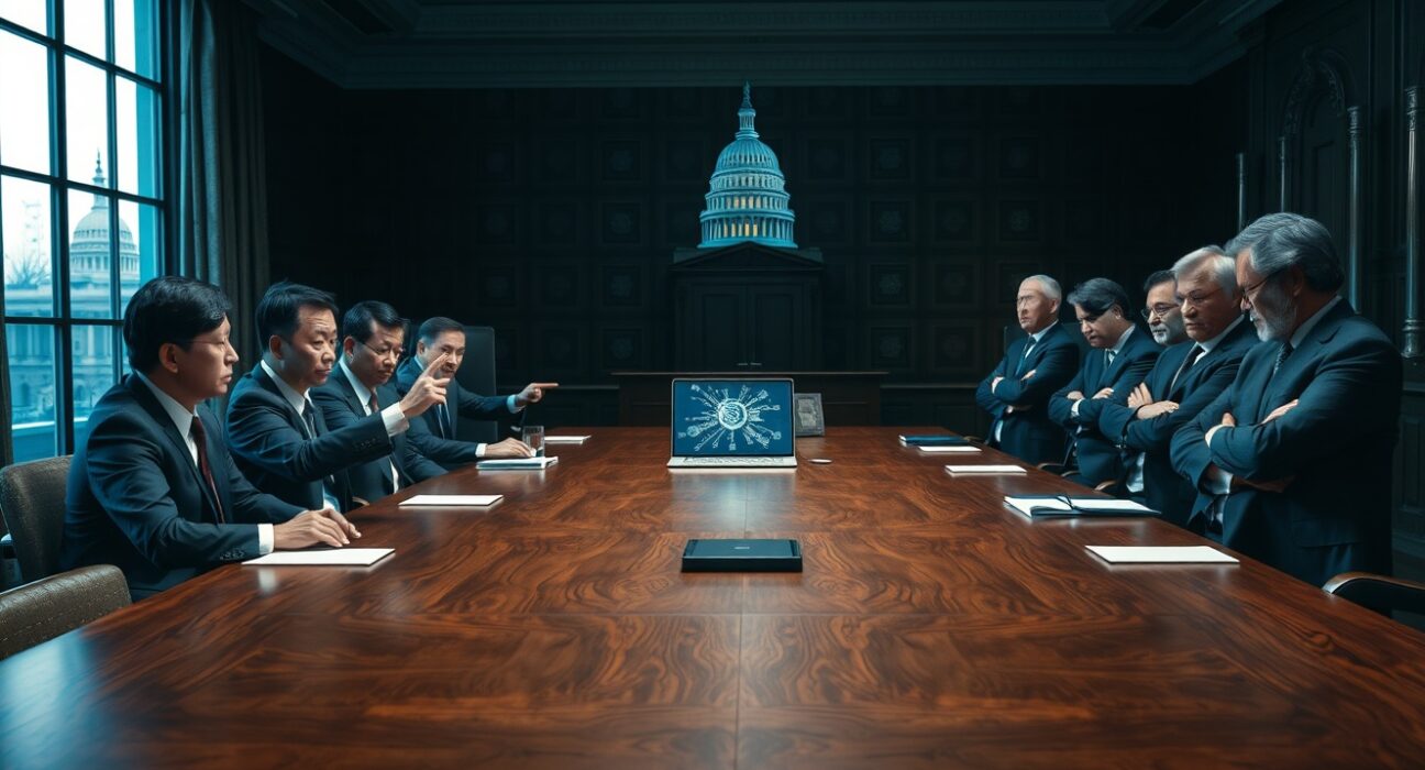 Boardroom meeting in Washington, D.C. with Chinese and American officials discussing AI regulation and competition.