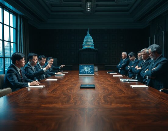 Boardroom meeting in Washington, D.C. with Chinese and American officials discussing AI regulation and competition.