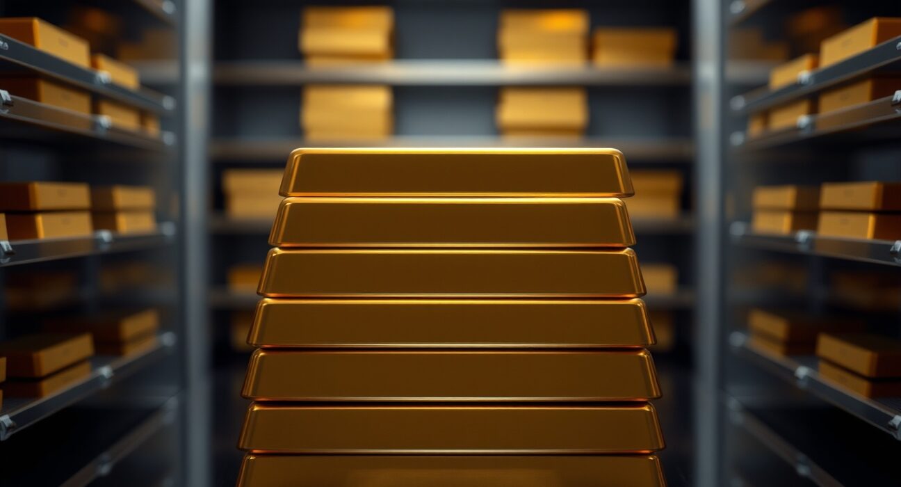 Stack of gold bars in a secure vault representing central bank gold reserves.