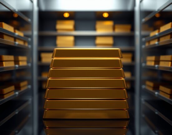 Stack of gold bars in a secure vault representing central bank gold reserves.