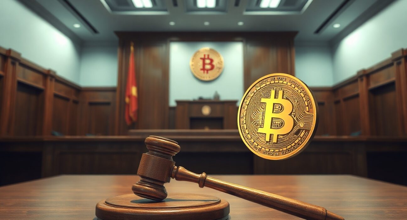 Interior of a Chinese courtroom with a gavel and Bitcoin symbols representing a cryptocurrency theft case.
