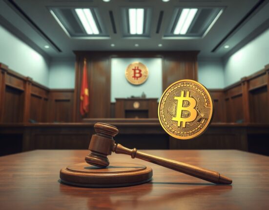 Interior of a Chinese courtroom with a gavel and Bitcoin symbols representing a cryptocurrency theft case.