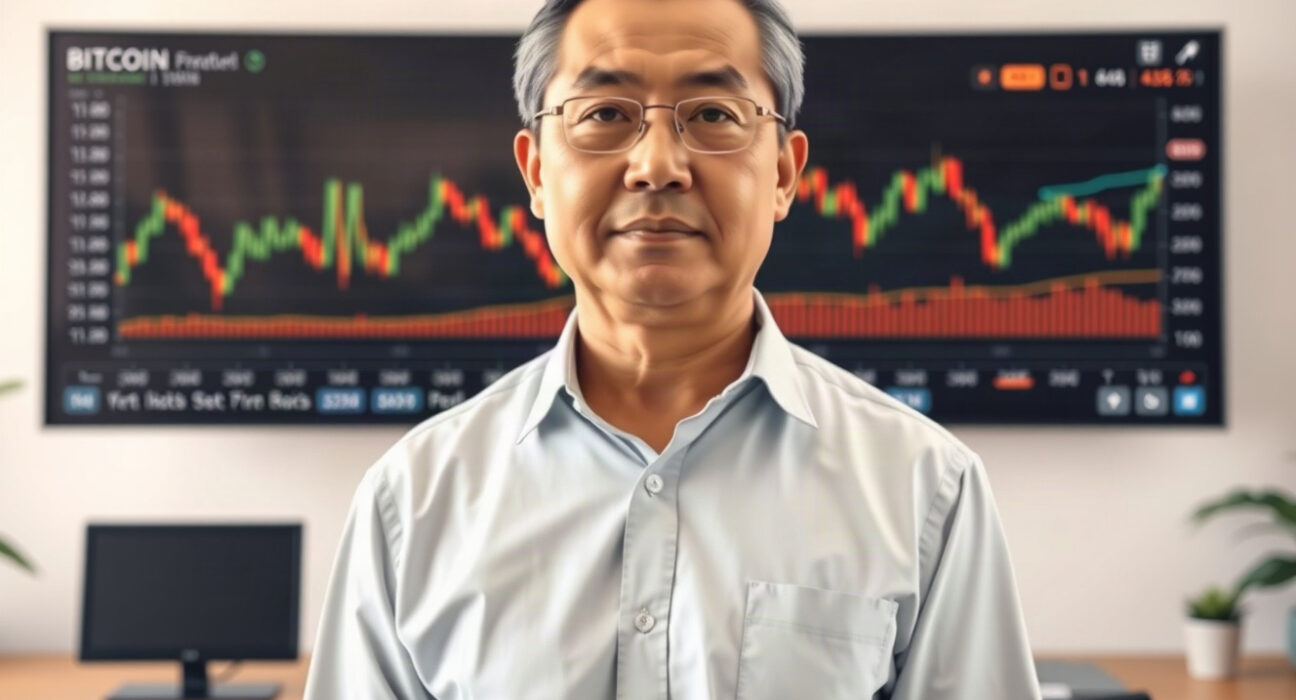 Jiang Zhuoer, founder of BTC.top, in his office with a Bitcoin chart on screen, indicating market analysis
