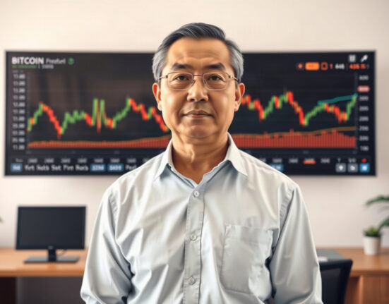 Jiang Zhuoer, founder of BTC.top, in his office with a Bitcoin chart on screen, indicating market analysis
