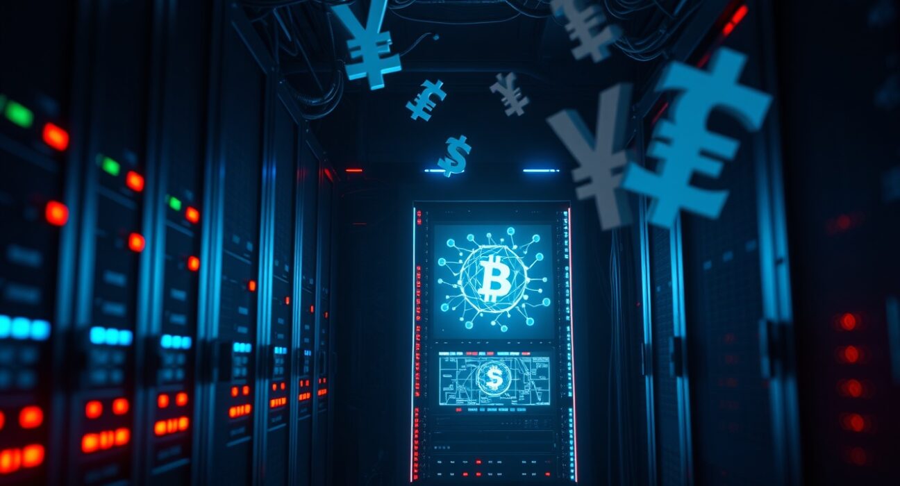Dimly lit server room with digital cryptocurrency and yen symbols, representing a crypto scam investigation.
