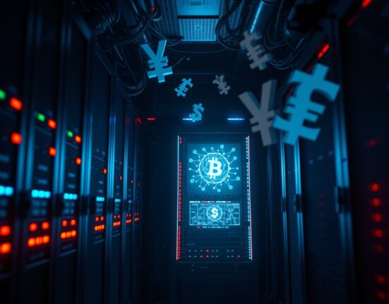 Dimly lit server room with digital cryptocurrency and yen symbols, representing a crypto scam investigation.