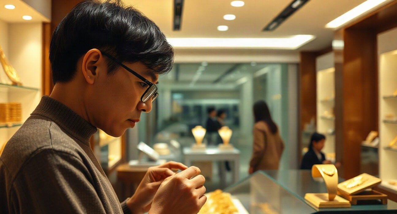 Customer examining gold jewelry in a Chinese store, illustrating steady demand in July