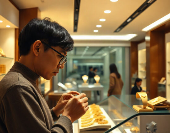 Customer examining gold jewelry in a Chinese store, illustrating steady demand in July