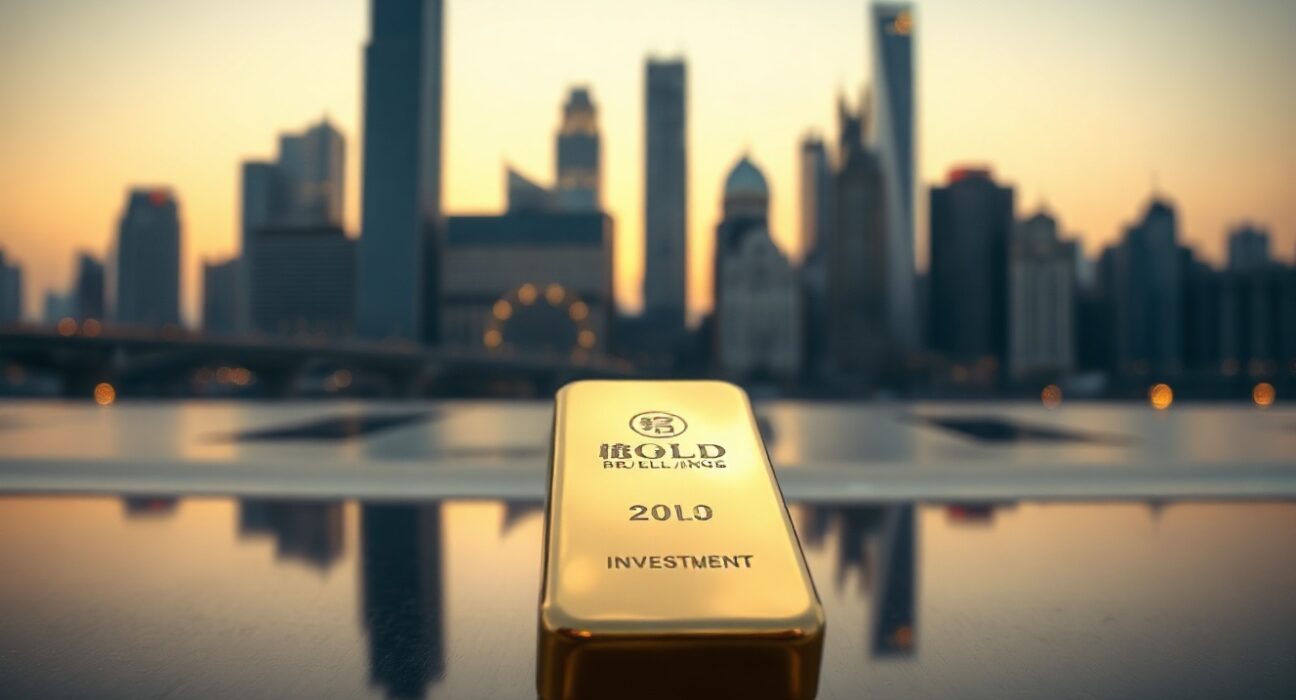 Gold bullion bar in foreground with Chinese city skyline at dusk