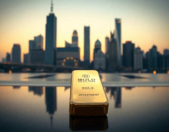 Gold bullion bar in foreground with Chinese city skyline at dusk