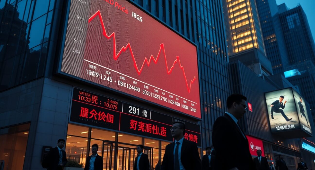 Financial district in Shanghai with a digital display showing a declining gold price chart, illustrating record gold ETF outflows from China.