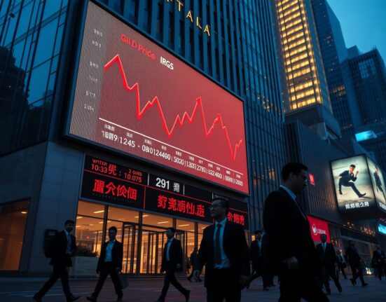 Financial district in Shanghai with a digital display showing a declining gold price chart, illustrating record gold ETF outflows from China.