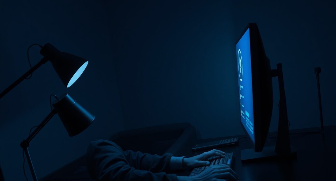 A man sitting at a computer in a dimly lit room, looking at a cryptocurrency wallet on the screen.