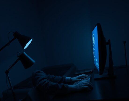 A man sitting at a computer in a dimly lit room, looking at a cryptocurrency wallet on the screen.