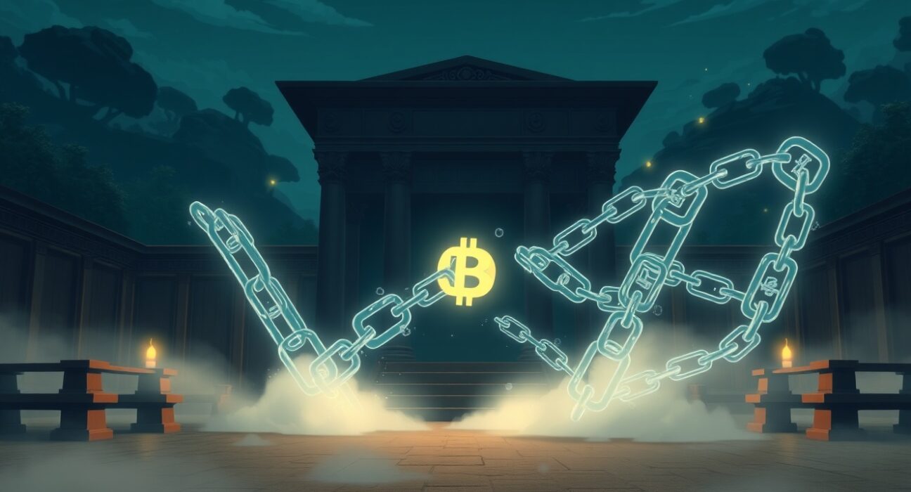 Courtroom scene symbolizing cryptocurrency fraud sentencing and justice for financial crimes