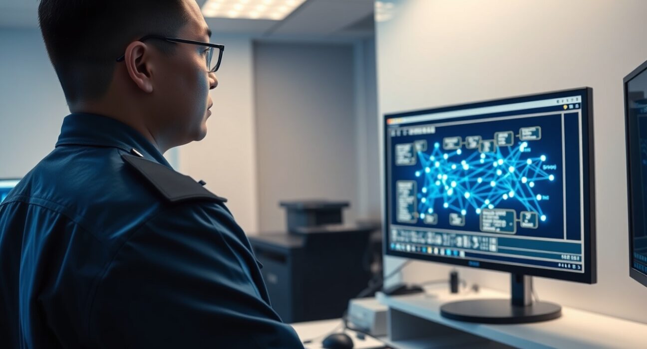Chinese police officer examining cryptocurrency transaction data on a computer screen in a forensic lab