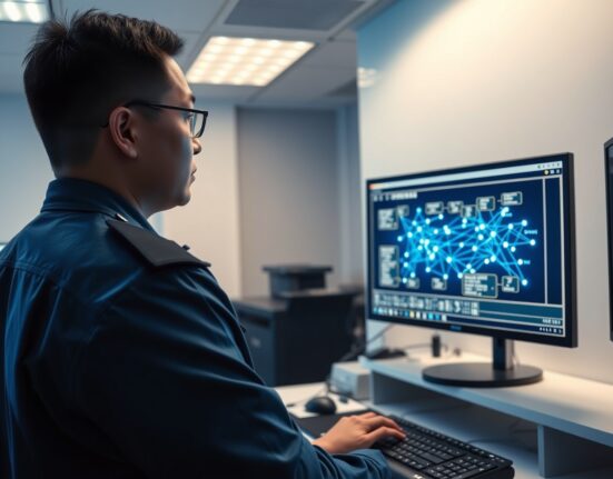 Chinese police officer examining cryptocurrency transaction data on a computer screen in a forensic lab