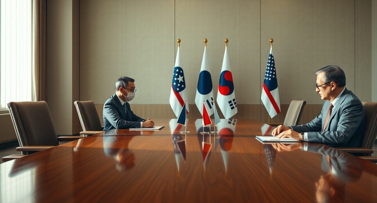 Chinese and US leaders seated at a table in a diplomatic meeting room in Seoul.