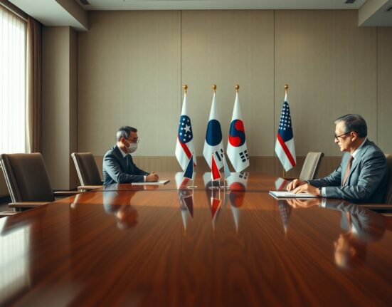 Chinese and US leaders seated at a table in a diplomatic meeting room in Seoul.