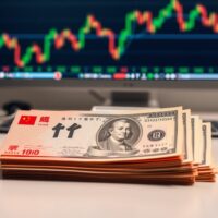 Chinese yuan and US dollar banknotes on a desk with financial charts in background