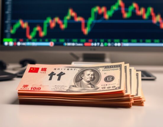 Chinese yuan and US dollar banknotes on a desk with financial charts in background