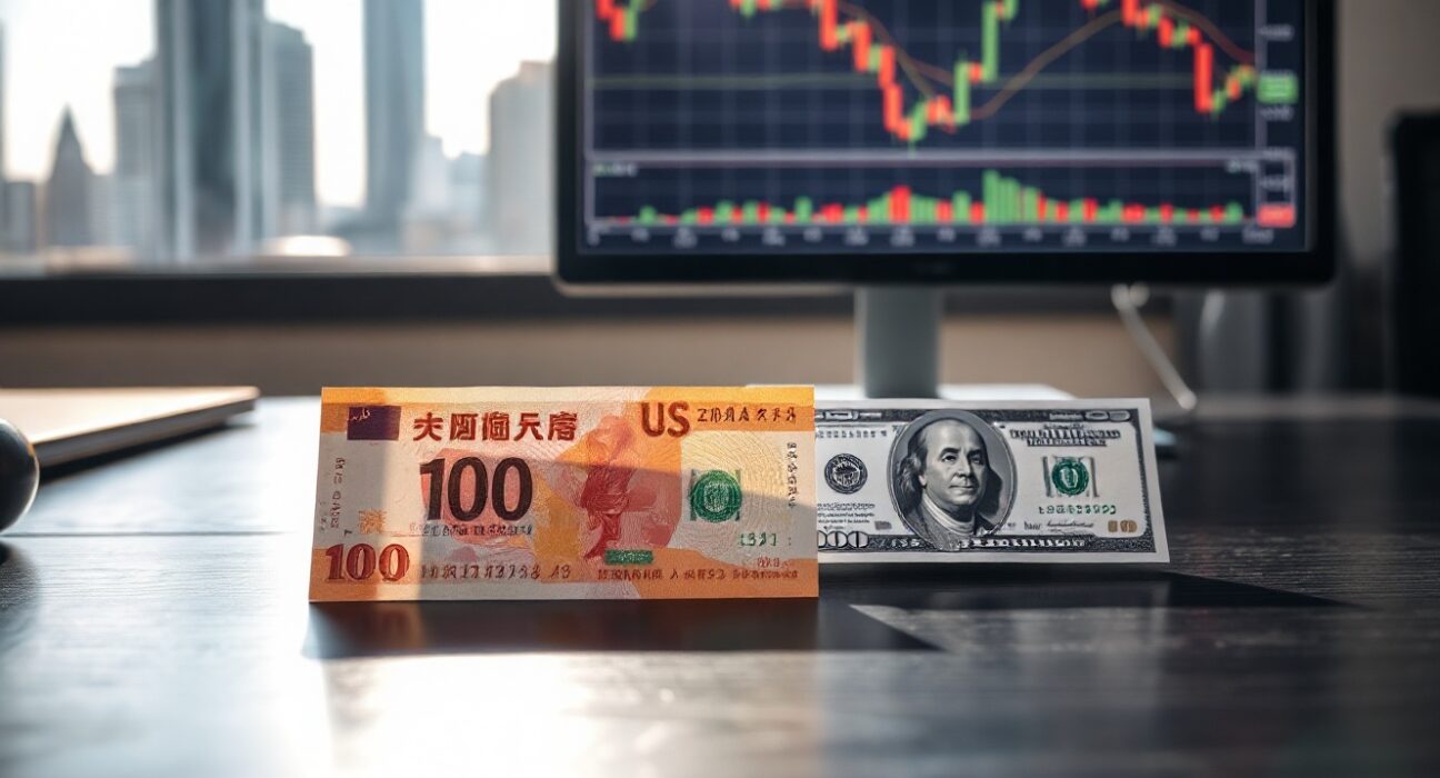 Chinese yuan and US dollar banknotes with financial charts in background