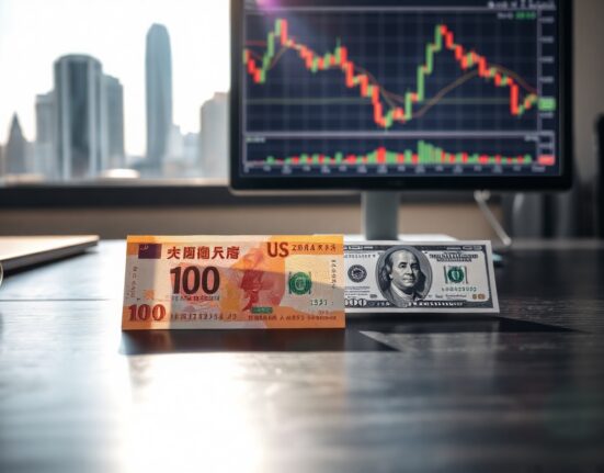 Chinese yuan and US dollar banknotes with financial charts in background