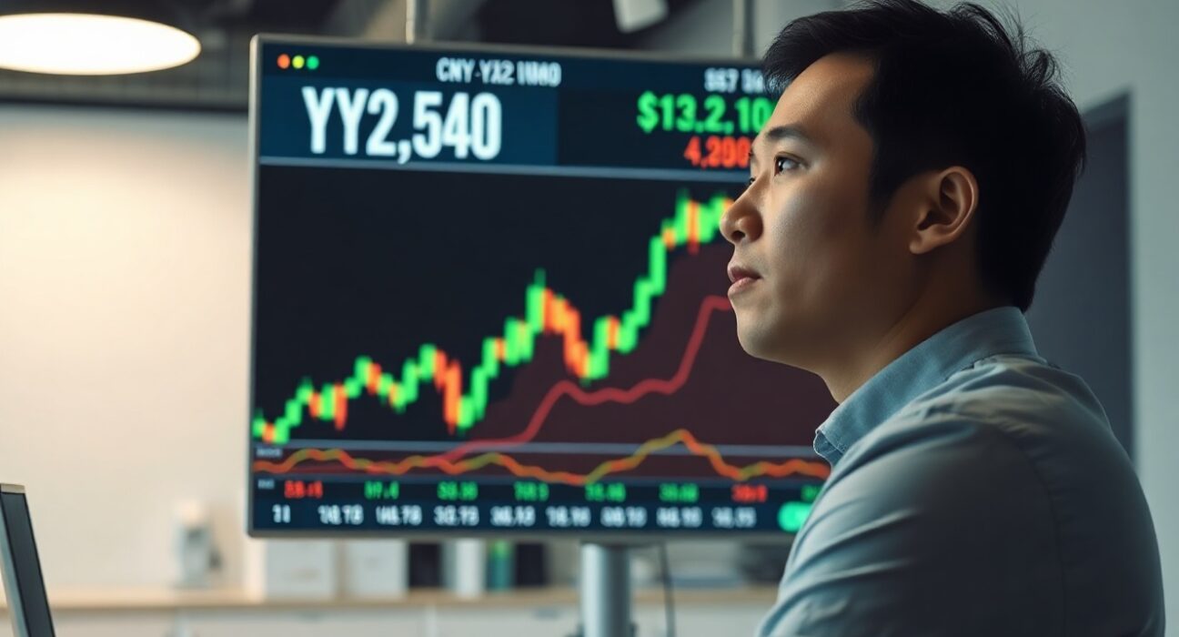 Analyst monitoring Chinese yuan appreciation trend on a financial screen