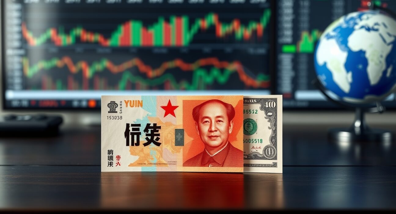 Chinese Yuan and US Dollar banknotes on a desk with stock charts in the background