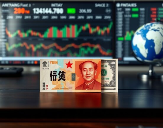 Chinese Yuan and US Dollar banknotes on a desk with stock charts in the background