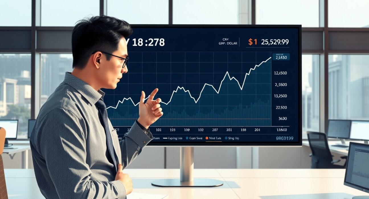 Financial analyst reviews Chinese Yuan CNY exchange rate chart and economic data supporting currency strength.
