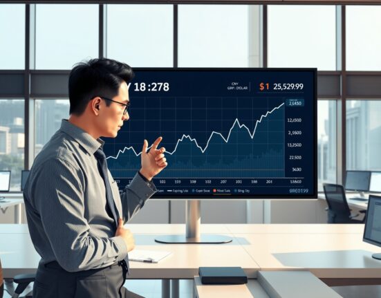 Financial analyst reviews Chinese Yuan CNY exchange rate chart and economic data supporting currency strength.