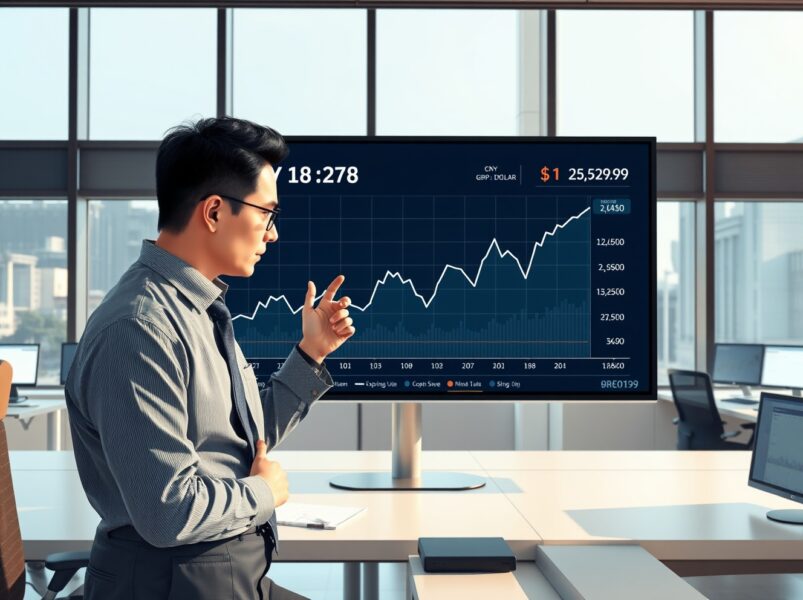Financial analyst reviews Chinese Yuan CNY exchange rate chart and economic data supporting currency strength.