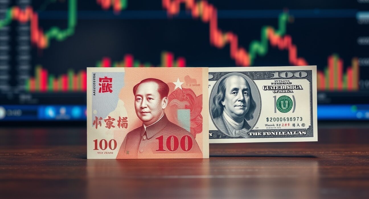 Chinese yuan and US dollar banknotes on desk representing currency consolidation