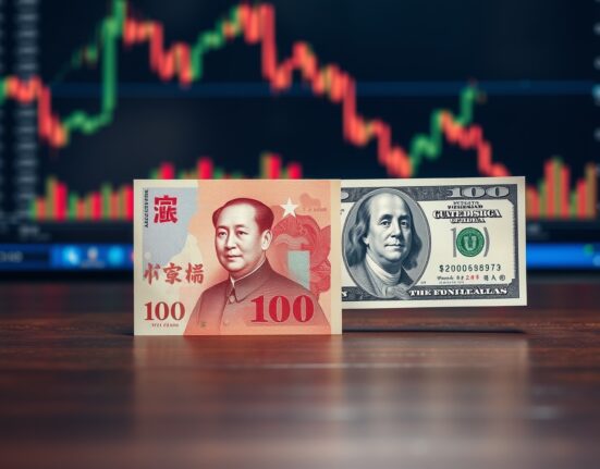 Chinese yuan and US dollar banknotes on desk representing currency consolidation