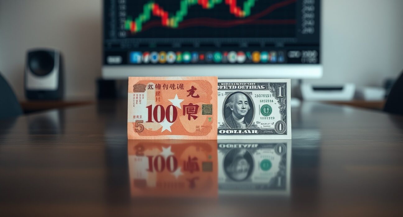 Chinese yuan and US dollar banknotes on a desk, representing currency consolidation