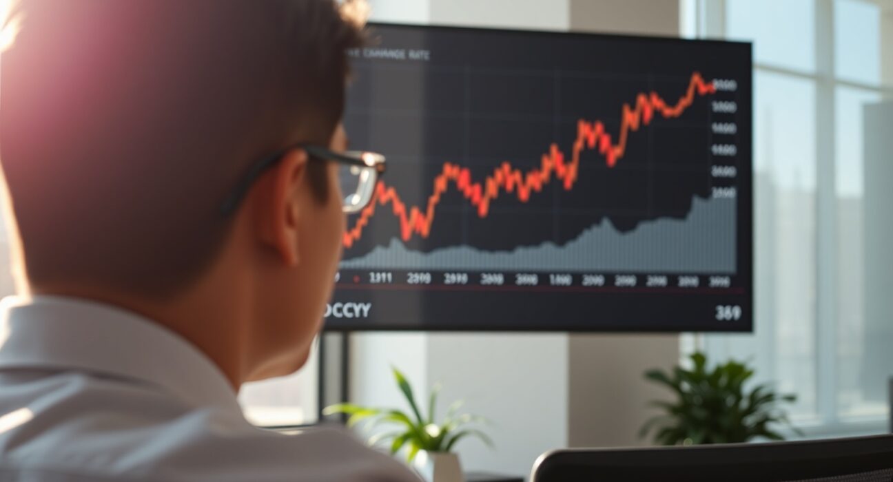 Financial analyst reviewing USD/CNY chart with bullish trend in modern office