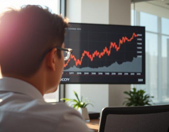 Financial analyst reviewing USD/CNY chart with bullish trend in modern office
