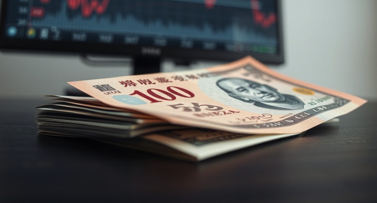 Close-up of Chinese yuan and US dollar bills on a desk with a financial chart in the background.