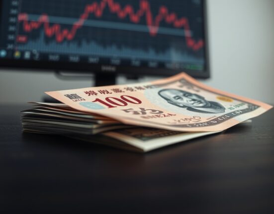 Close-up of Chinese yuan and US dollar bills on a desk with a financial chart in the background.