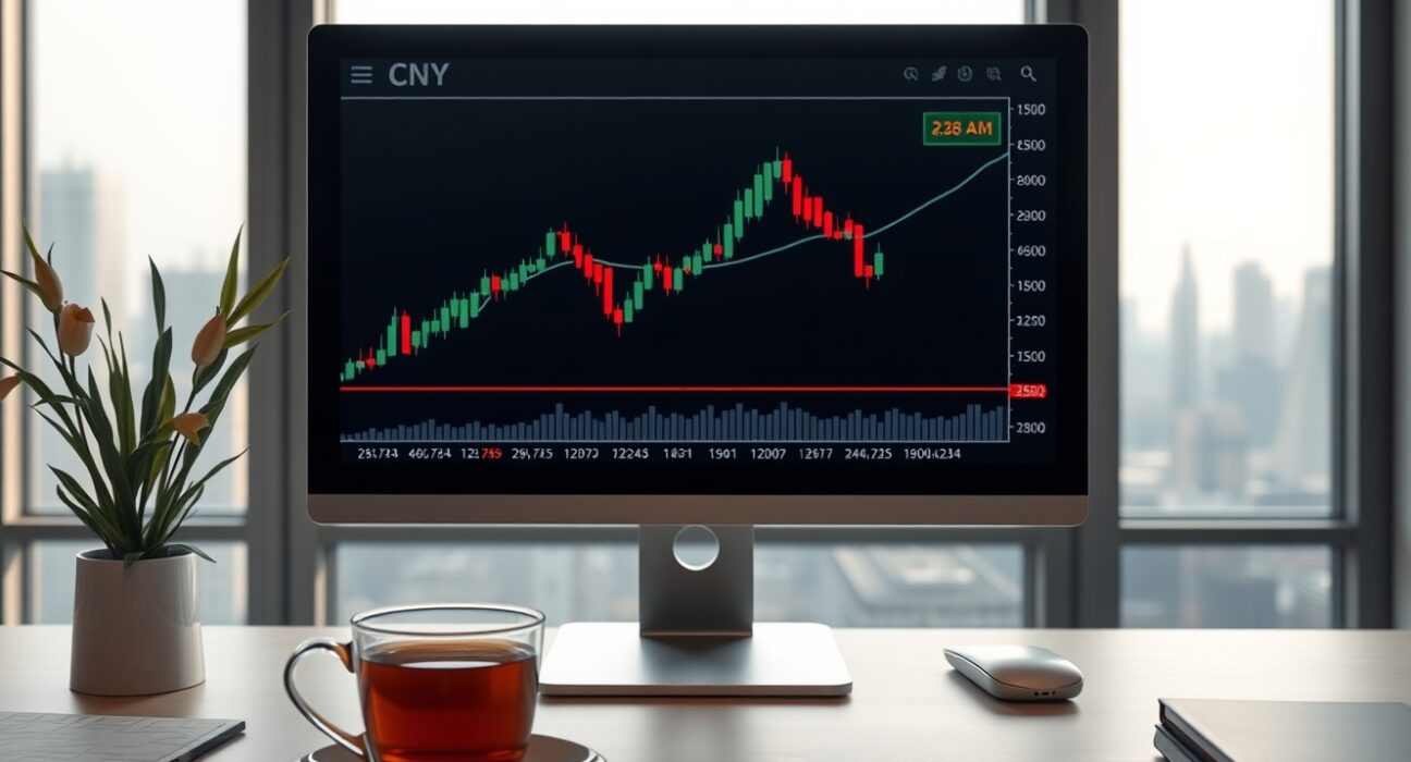 Financial analyst desk with computer monitor showing Chinese yuan chart