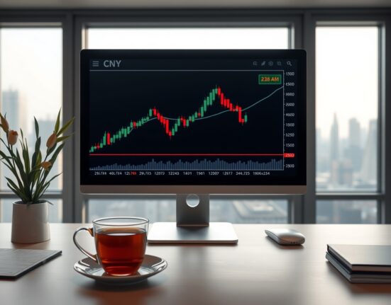 Financial analyst desk with computer monitor showing Chinese yuan chart
