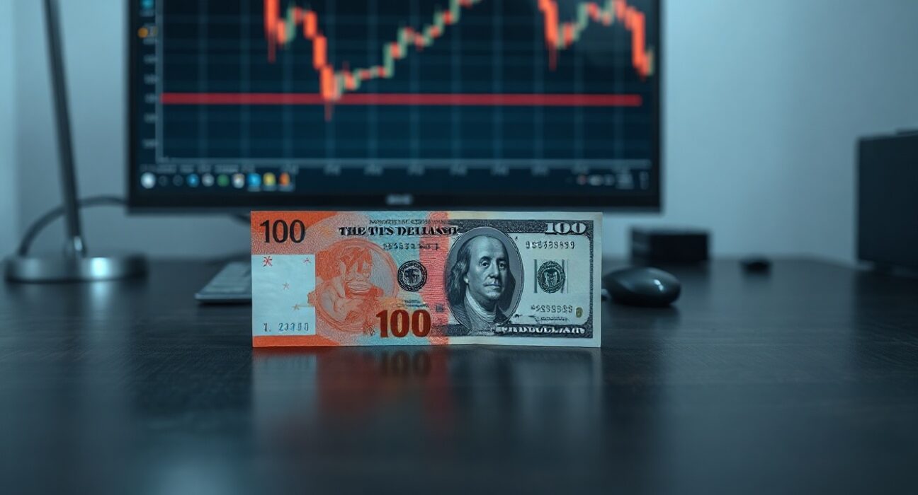 Chinese Yuan and US Dollar banknotes on a desk with a financial chart in the background