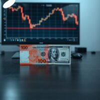 Chinese Yuan and US Dollar banknotes on a desk with a financial chart in the background